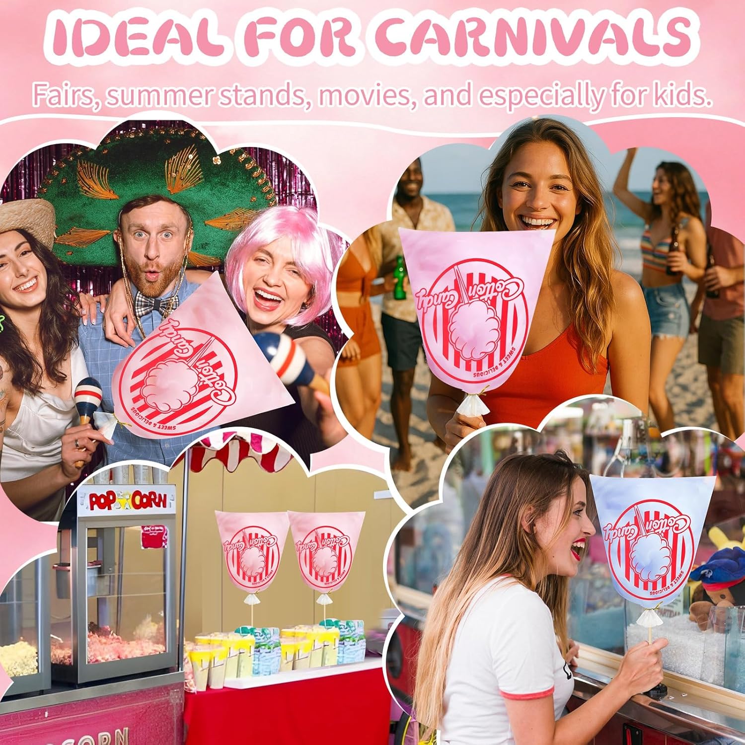 woric 120PCS Cotton Candy Bags with Ties 11.8 x 17.7 Inch Clear Cotton Candy Bags with Print for Carnivals Party Candy Sticks and Cones